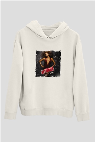 Beyonce Baskılı Unisex Beyaz Kapüşonlu Sweatshirt
