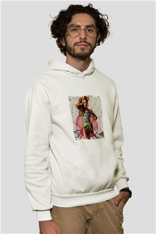 Beyonce Baskılı Unisex Beyaz Kapüşonlu Sweatshirt