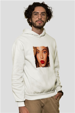 Beyonce Baskılı Unisex Beyaz Kapüşonlu Sweatshirt
