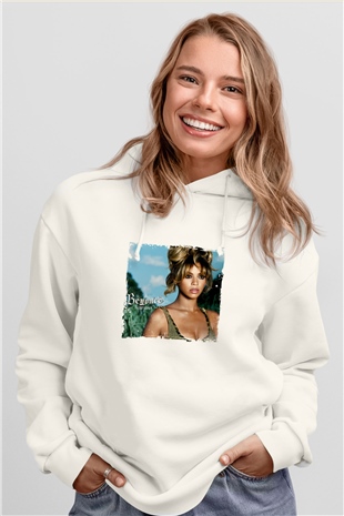 Beyonce Baskılı Unisex Beyaz Kapüşonlu Sweatshirt