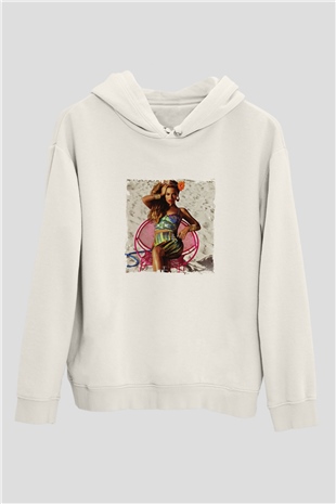 Beyonce Baskılı Unisex Beyaz Kapüşonlu Sweatshirt