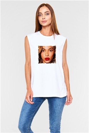 Beyonce Baskılı Unisex Beyaz Kolsuz Tişört