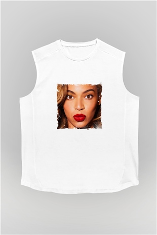 Beyonce Baskılı Unisex Beyaz Kolsuz Tişört