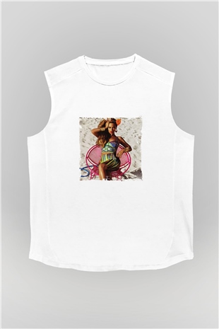 Beyonce Baskılı Unisex Beyaz Kolsuz Tişört
