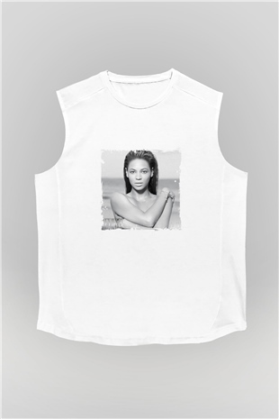 Beyonce Baskılı Unisex Beyaz Kolsuz Tişört