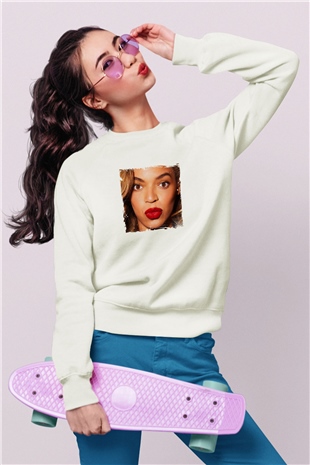 Beyonce Baskılı Unisex Beyaz Sweatshirt