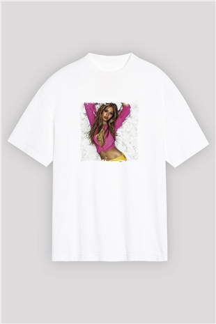 Beyonce Baskılı Oversize Beyaz Tişört