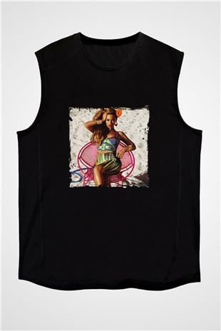 Beyonce Baskılı Unisex Siyah Kolsuz Tişört