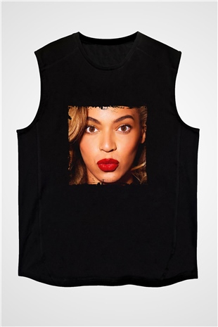 Beyonce Baskılı Unisex Siyah Kolsuz Tişört