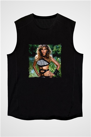 Beyonce Baskılı Unisex Siyah Kolsuz Tişört