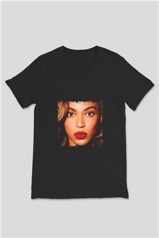 Beyonce Baskılı Unisex Siyah V Yaka Tişört