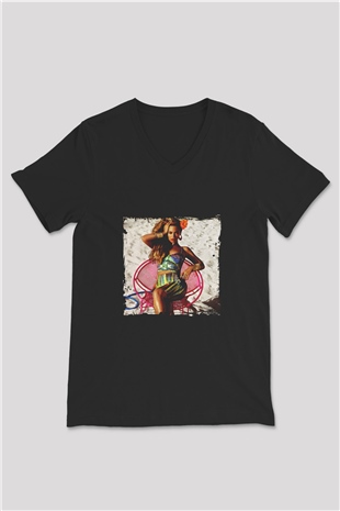 Beyonce Baskılı Unisex Siyah V Yaka Tişört