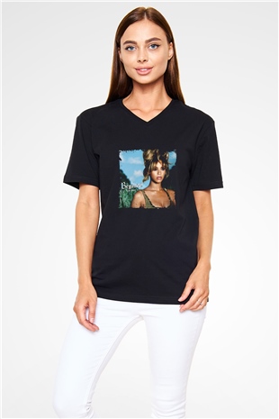 Beyonce Baskılı Unisex Siyah V Yaka Tişört