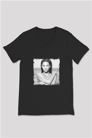 Beyonce Baskılı Unisex Siyah V Yaka Tişört