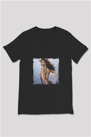 Beyonce Baskılı Unisex Siyah V Yaka Tişört