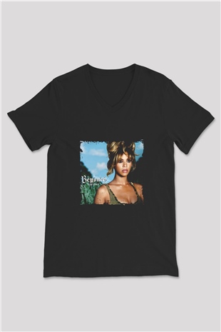 Beyonce Baskılı Unisex Siyah V Yaka Tişört
