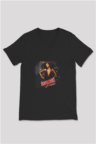 Beyonce Baskılı Unisex Siyah V Yaka Tişört