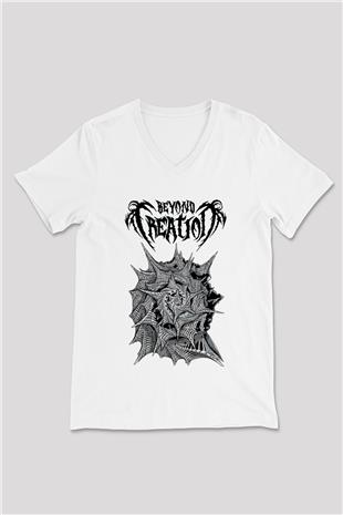 Beyond Creation Baskılı Beyaz Unisex V Yaka Tişört - Tshirt