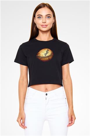 Beyzbol - Baseball Baskılı Crop Top Siyah Kadın Tişört - Tshirt