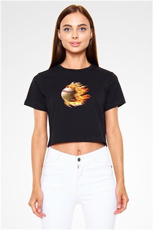 Beyzbol - Baseball Baskılı Crop Top Siyah Kadın Tişört - Tshirt