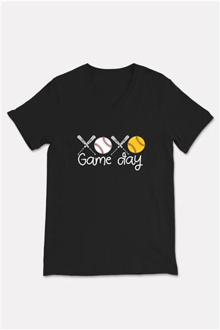 Beyzbol - Baseball Baskılı Unisex Siyah V Yaka Tişört