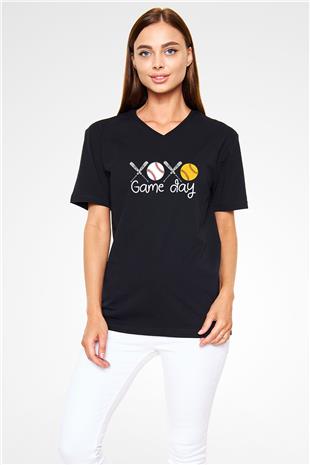 Beyzbol - Baseball Baskılı Unisex Siyah V Yaka Tişört