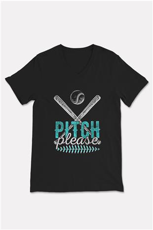 Beyzbol - Baseball Baskılı Unisex Siyah V Yaka Tişört