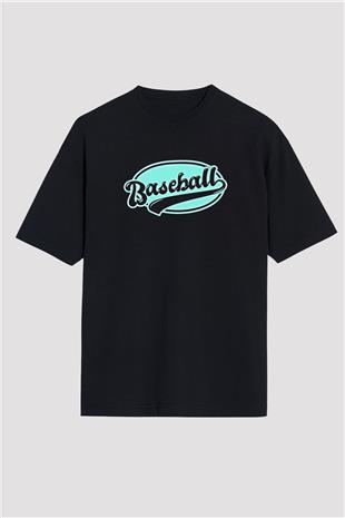 Beyzbol - Baseball Baskılı Unisex Siyah Oversize Tişört