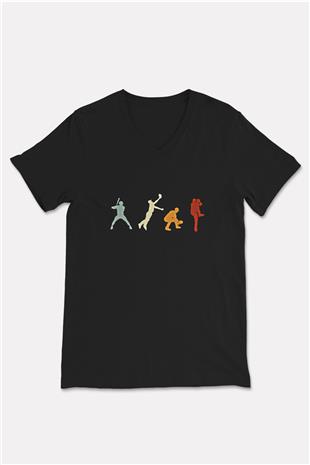 Beyzbol - Baseball Baskılı Unisex Siyah V Yaka Tişört