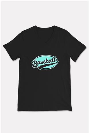 Beyzbol - Baseball Baskılı Unisex Siyah V Yaka Tişört