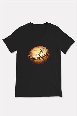 Beyzbol - Baseball Baskılı Unisex Siyah V Yaka Tişört