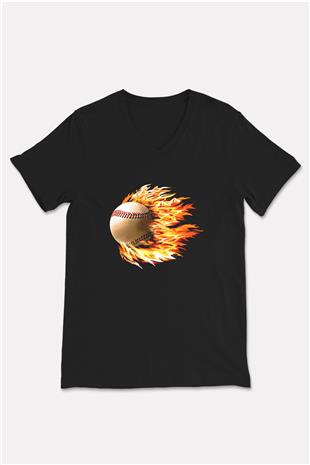 Beyzbol - Baseball Baskılı Unisex Siyah V Yaka Tişört