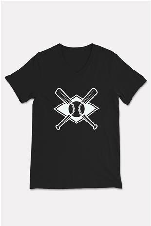Beyzbol - Baseball Baskılı Unisex Siyah V Yaka Tişört