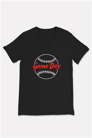 Beyzbol - Baseball Baskılı Unisex Siyah V Yaka Tişört