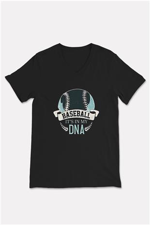 Beyzbol - Baseball Baskılı Unisex Siyah V Yaka Tişört