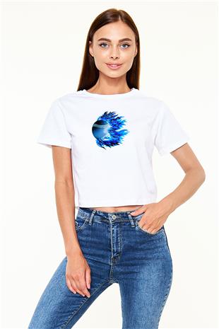 Beyzbol Baskılı Crop Top Beyaz Tişört - T-shirt