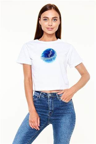 Beyzbol Baskılı Crop Top Beyaz Tişört - T-shirt