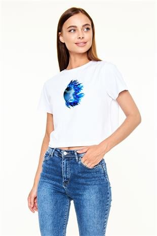 Beyzbol Baskılı Crop Top Beyaz Tişört - T-shirt