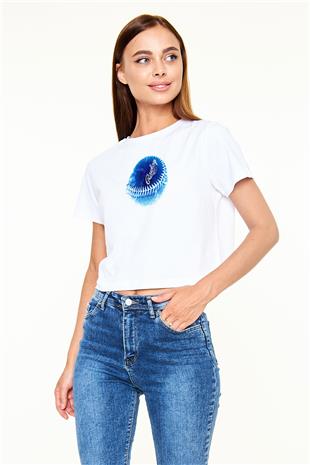 Beyzbol Baskılı Crop Top Beyaz Tişört - T-shirt