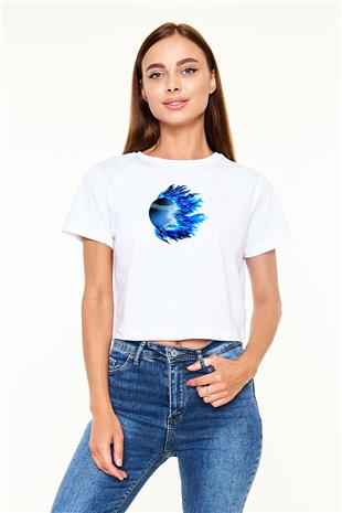 Beyzbol Baskılı Crop Top Beyaz Tişört - T-shirt