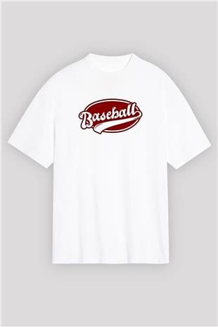 Beyzbol Baskılı Unisex Beyaz Oversize Tişört - Tshirt