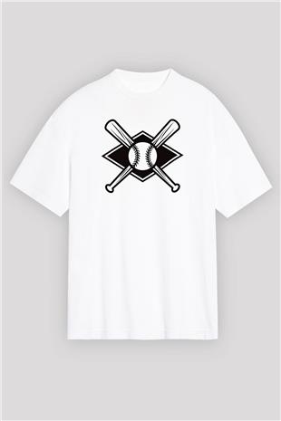 Beyzbol Baskılı Unisex Beyaz Oversize Tişört - Tshirt