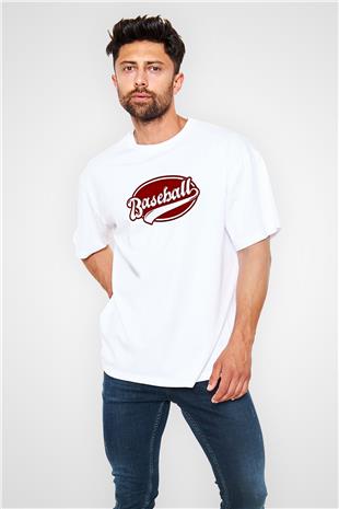 Beyzbol Baskılı Unisex Beyaz Oversize Tişört - Tshirt
