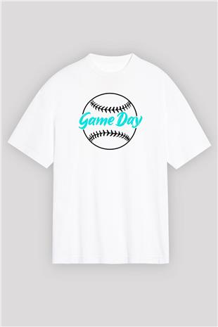Beyzbol Baskılı Unisex Beyaz Oversize Tişört - Tshirt