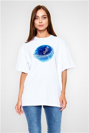 Beyzbol Baskılı Unisex Beyaz Oversize Tişört - Tshirt