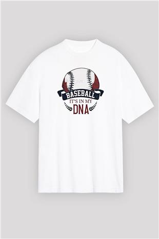 Beyzbol Baskılı Unisex Beyaz Oversize Tişört - Tshirt