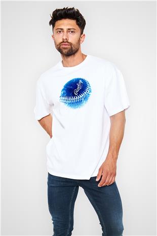 Beyzbol Baskılı Unisex Beyaz Oversize Tişört - Tshirt