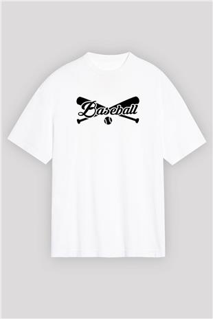 Beyzbol Baskılı Unisex Beyaz Oversize Tişört - Tshirt
