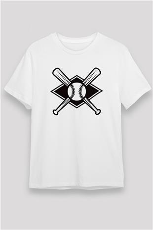 Beyzbol Baskılı Unisex Beyaz Tişört - Tshirt