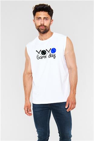 Beyzbol Baskılı Unisex Kolsuz Beyaz Tişört